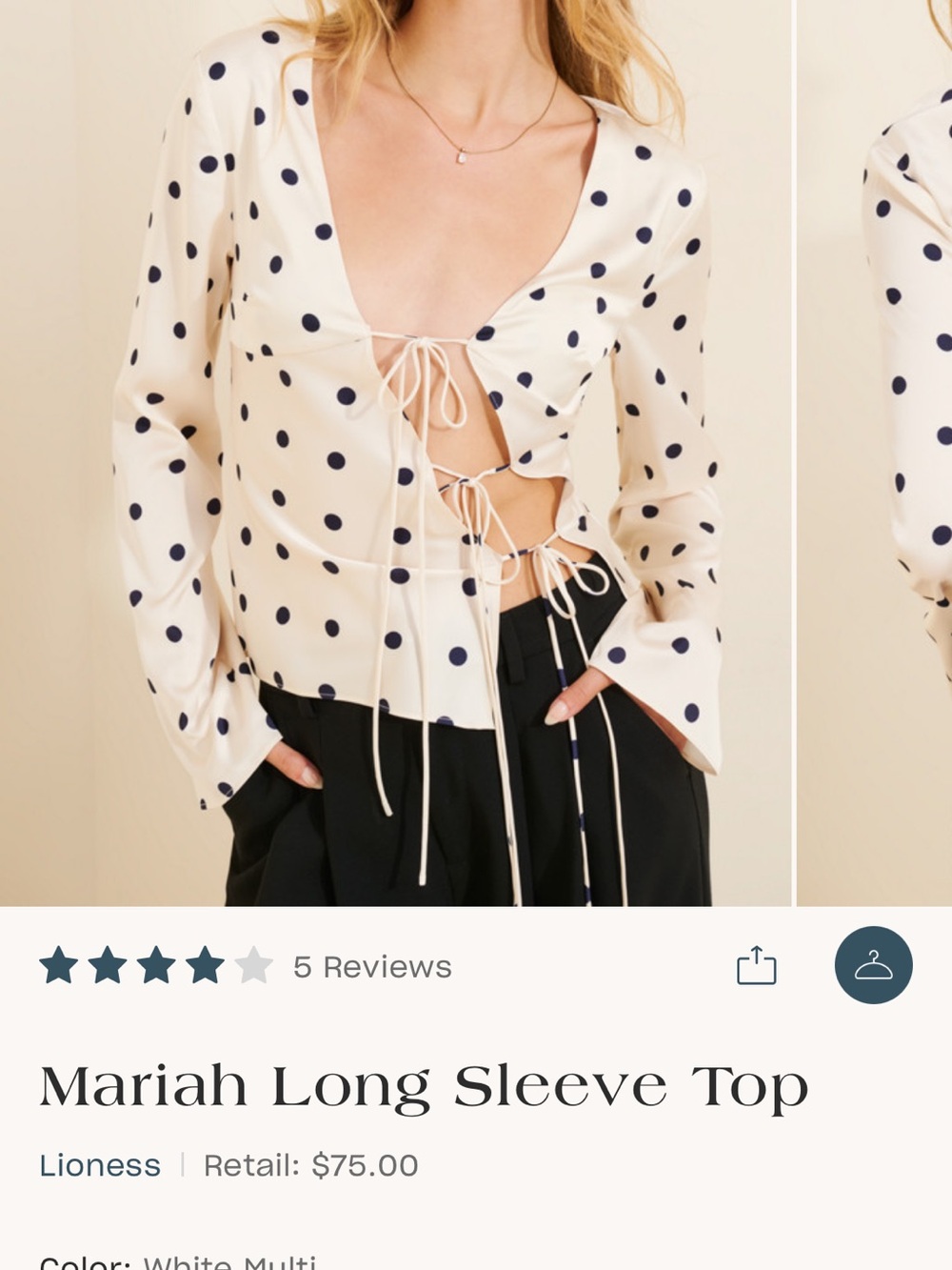 Lioness Cream Polka Dot Tie-Front Top with Black Dots - Mariah Long Sleeve - Picture 3 of 7